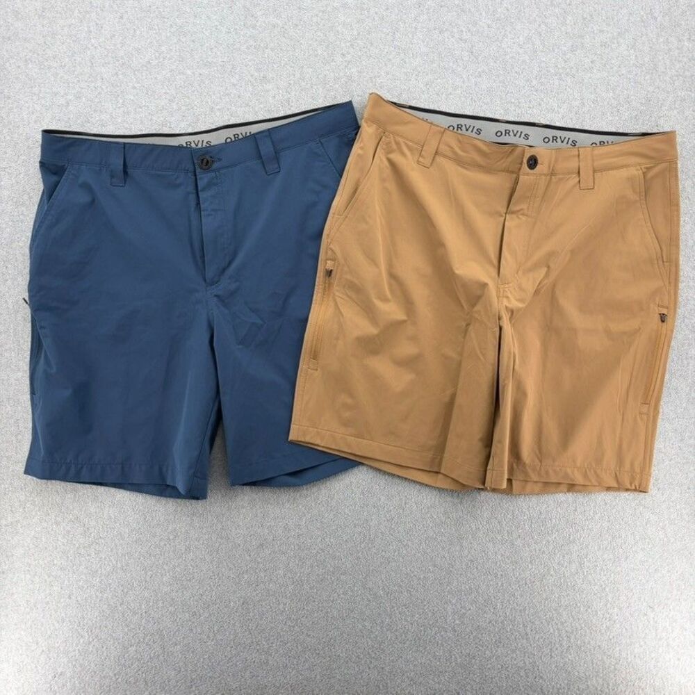 Orvis Mens Tech Shorts Size 36 Lot of 2 Blue Tan Stretch Golf Hiking Zip Pocket